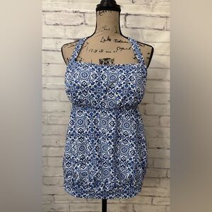 Lands’ End 12D Modest Blouse Style Tank Tankini Swimsuit Top Blue‎ Mosaic Tile